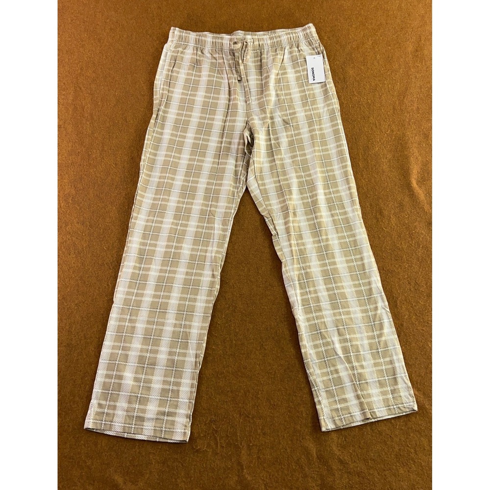 Sonoma Mens Medium Tan Plaid Brushed Cotton Essential Pajama Pants NWT
